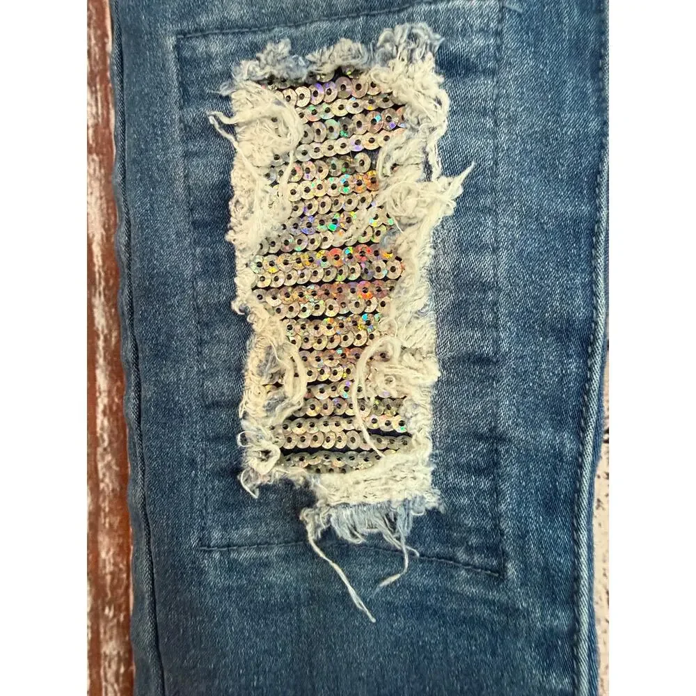 Fabkids Youth Jeggings Distressed Kness Silver Sequins  Size 8